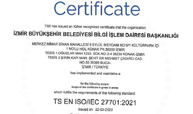 İzmir Büyükşehir Belediyesi ISO 27701 standardına sahip ilk “Büyükşehir” oldu