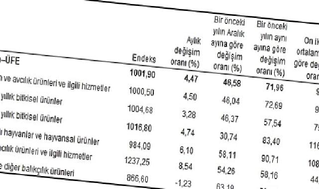 Tarım ürünleri üretici fiyat endeksi (Tarım-ÜFE) yıllık yüzde 71,96, aylık yüzde 4,47 arttı